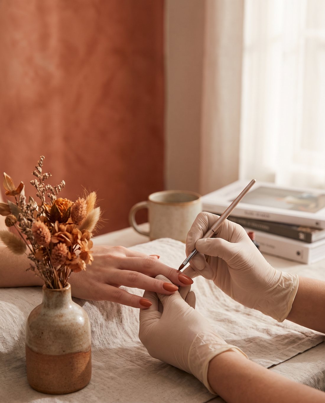 Tessa brengt terracotta gellak aan bij een klant in de studio